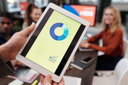 Business team reviewing digital marketing statistics on a tablet during an indoor meeting.